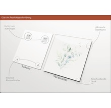 Glasbild Produktbeschreibung mit Wandhalterung, Abstandshalter, glänzender Oberfläche und schwebender Optik