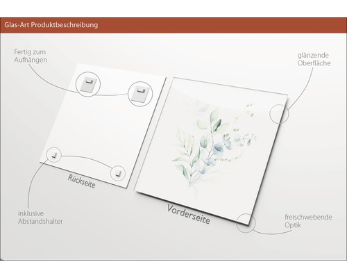 Glasbild Produktbeschreibung mit Wandhalterung, Abstandshalter, glänzender Oberfläche und schwebender Optik
