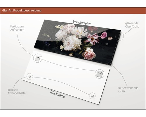 Glasbild mit Blumenmotiv, inklusive Abstandshalter zur Wandmontage, glänzende Oberfläche