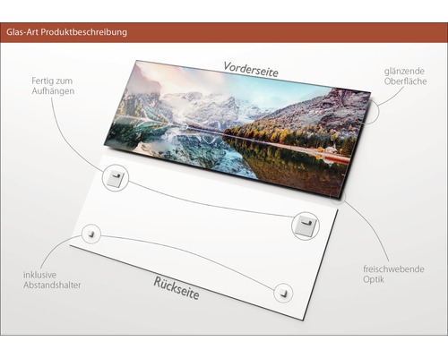 Produktbeschreibung einer Glas-Art: Vorder- und Rückseite mit glänzender Oberfläche, fertig zum Aufhängen, inklusive Abstandshalter für freischwebende Optik.