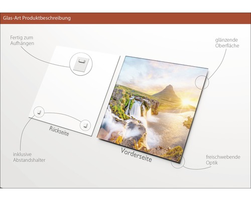 Glasbild mit Aufhängevorrichtung, Abstandshalter und glänzender Oberfläche