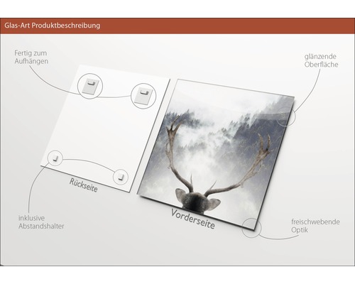 Glasbild mit Hirschmotiv, inklusive Abstandshalter und Aufhängung