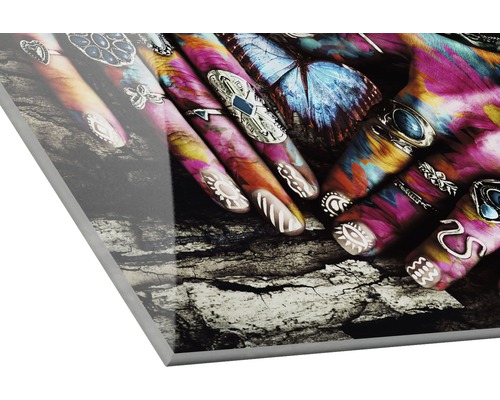 Acrylglasbild mit Händen, Ringen und Schmetterling