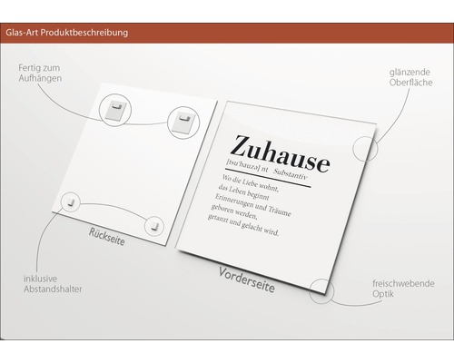 Image en verre avec la définition du mot Zuhause, support mural inclus