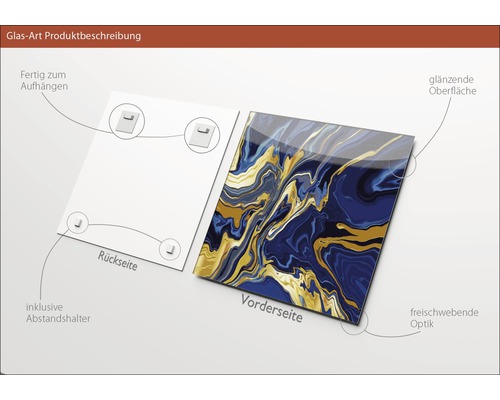 Glasbild Produktbeschreibung: Vorder- und Rückseite mit Aufhängung und Abstandshalter