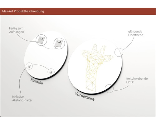 Produktbeschreibung Glasbild: Rückseite mit Aufhängung und Abstandshalter, Vorderseite mit glänzender Oberfläche und schwebender Optik