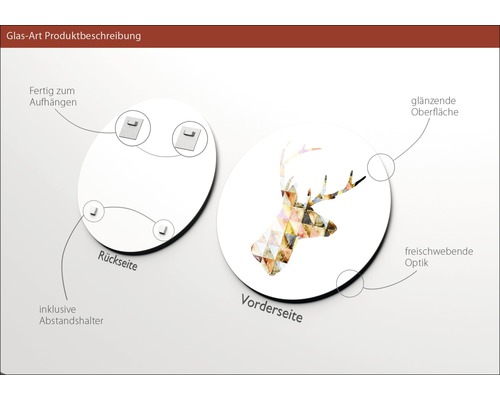 Glasbild mit Hirschmotiv, inklusive Aufhängevorrichtung und Abstandshalter