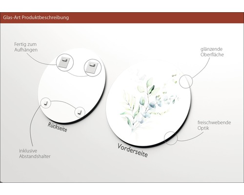 Produktbeschreibung einer Glas Art Scheibe mit Aufhängevorrichtung, Abstandshalter, glänzender Oberfläche und schwebender Optik.