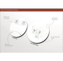 Glasbild Produktbeschreibung: Rückseite mit Aufhängung und Abstandshalter, Vorderseite mit Pflanzenmotiv und glänzender Oberfläche