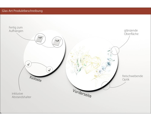 Glasbild mit glänzender Oberfläche, inklusive Abstandshalter und Aufhängevorrichtung