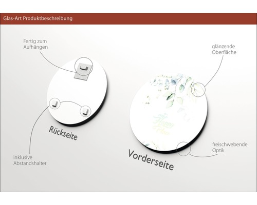 Glasbild mit glänzender Oberfläche, inklusive Abstandshalter zur Wandbefestigung.