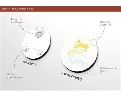 Glasbild mit Aufhängevorrichtung, glänzender Oberfläche und dem Schriftzug ''The sun always shines after rain''.