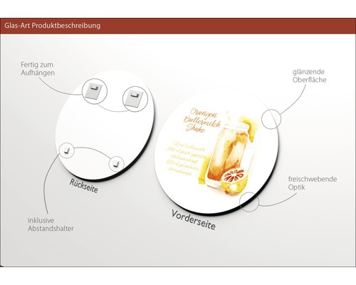 Glasbild mit Aufhängung, Abstandshalter und Orangenshake-Motiv