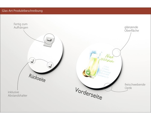 Produktbeschreibung einer Glasart: Rückseite mit Halterung zum Aufhängen und Abstandshalter inklusive, Vorderseite mit glänzender Oberfläche und schwebender Optik.
