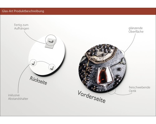Produktbeschreibung der Glas Art: Rückseite mit Aufhängung und Abstandshalter, Vorderseite mit glänzender Oberfläche und schwebender Optik