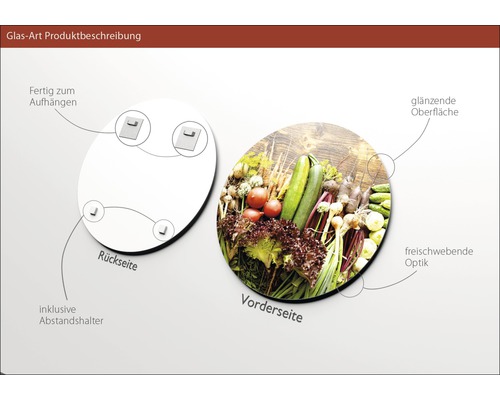 Produktbeschreibung Glasbild mit Gemüse-Motiv, inklusive Wandhalterung