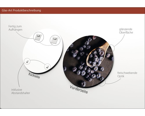 Produktbeschreibung einer Glasart: Rückseite mit Halterung, Vorderseite mit glänzender Oberfläche und schwebender Optik.