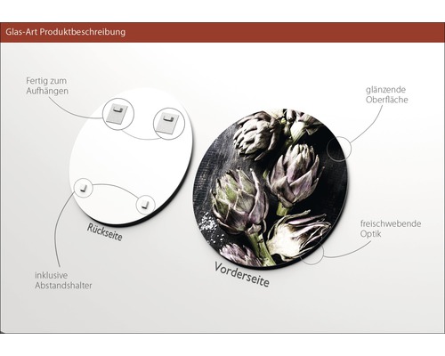 Glasbild mit Artischockenmotiv, inklusive Aufhängern und Abstandshaltern zur Wandmontage