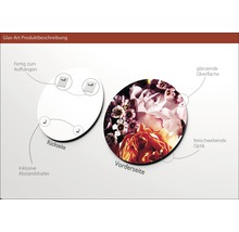 Produktbeschreibung Glasbild: Rückseite mit Aufhängung und Abstandshaltern, Vorderseite mit glänzender Oberfläche und freischwebender Optik