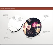 Glasbild mit Blumenmuster, Aufhängevorrichtung, Abstandshalter, glänzender Oberfläche und schwebender Optik