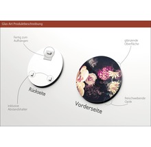 Produktbeschreibung Glasbild: Rückseite mit Aufhängung und Abstandshalter, Vorderseite mit Blumenmotiv und glänzender Oberfläche