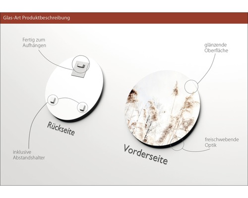 Glasbild mit Aufhängung, Abstandshalter, glänzender Oberfläche und schwebender Optik