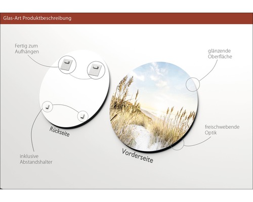 Produktbeschreibung Glasbild: Rückseite mit Aufhängung und Abstandshalter, Vorderseite mit Dünenmotiv, glänzender Oberfläche und schwebender Optik.