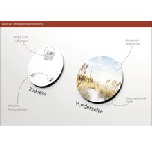 Glasbild mit Aufhängevorrichtung, Abstandshalter, glänzender Oberfläche und freischwebender Optik