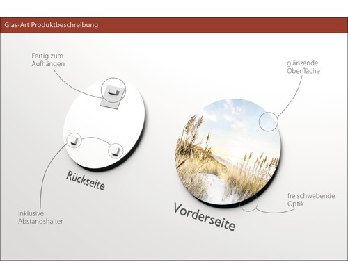 Glasbild mit Aufhängevorrichtung, Abstandshalter, glänzender Oberfläche und freischwebender Optik