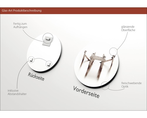 Glasbild mit Aufhängung und Abstandshalter inklusive, Vorderseite mit glänzender Oberfläche in freischwebender Optik