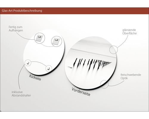 Produktbeschreibung Glasbild: Rückseite mit Halterungen zum Aufhängen und Abstandshalter inklusive, Vorderseite mit glänzender Oberfläche und freischwebender Optik