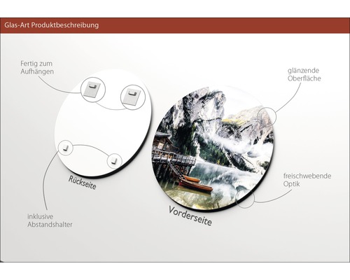 Produktbeschreibung eines Glasbildes mit Aufhängung und Abstandshalter