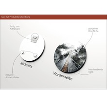 Produktbeschreibung für Glasbild: Rückseite mit Aufhängung und Abstandshalter, Vorderseite mit glänzender Oberfläche und schwebender Optik
