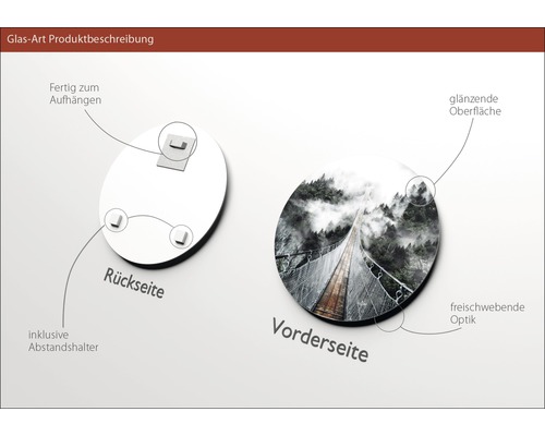 Produktbeschreibung für Glasbild: Rückseite mit Aufhängung und Abstandshalter, Vorderseite mit glänzender Oberfläche und schwebender Optik