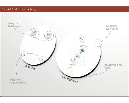 Glasbild Produktbeschreibung: Vorderseite mit glänzender Oberfläche und schwebender Optik, Rückseite mit Halterung zur Aufhängung und Abstandshalter