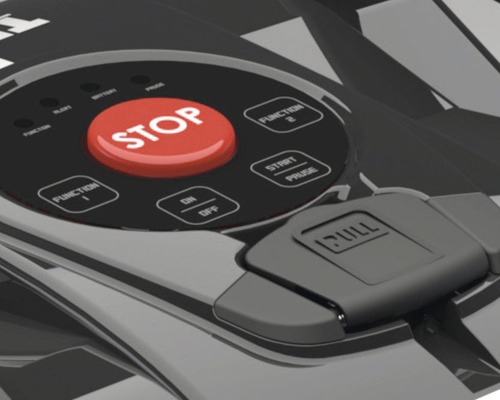 Gros plan sur les commandes d''un robot tondeuse avec un bouton d''arrêt, des boutons de fonction et un bouton de démarrage-pause.