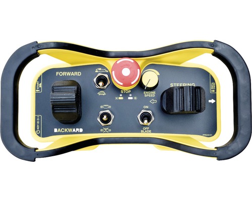 Gelbes Steuergerät mit Schaltern und Knöpfen für Vorwärts, Rückwärts, Stopp, Motorleistung und Lenkung.