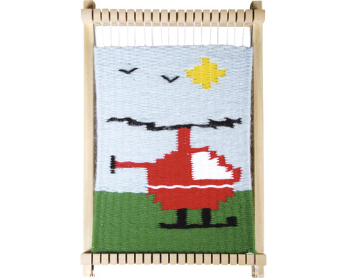 Webrahmen mit Webteppich mit Hubschraubermotiv