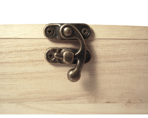 Vue détaillée d''une armoire en bois avec un fermoir à crochet bronze