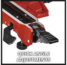 Detailansicht einer roten Einhell Kappsäge mit Schnellwinkeleinstellung.