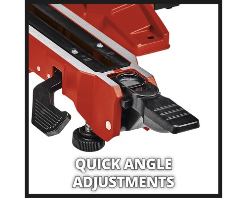 Detailansicht einer roten Einhell Kappsäge mit Schnellwinkeleinstellung.