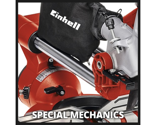 Detail einer Kapp- und Gehrungssäge mit Staubfangsack und Verstellmechanismen von Einhell