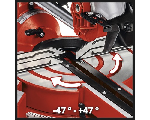 Gehrungssäge mit einem Schwenkbereich von -47 Grad bis +47 Grad.