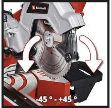 Einhell Logo. Details einer Kapp- und Gehrungssäge, die einen Schwenkbereich von -45 Grad bis +45 Grad zeigt.