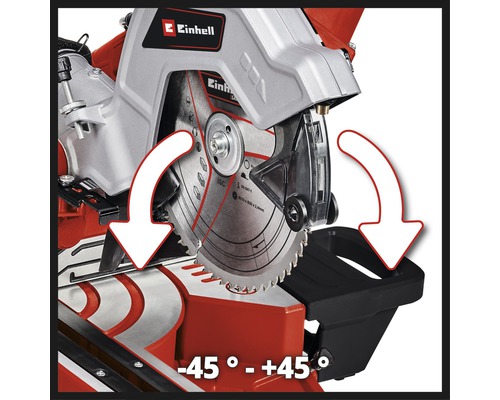 Einhell Logo. Details einer Kapp- und Gehrungssäge, die einen Schwenkbereich von -45 Grad bis +45 Grad zeigt.