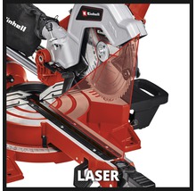 Einhell Logo. Detailansicht einer Kapp- und Gehrungssäge mit Laserfunktion.