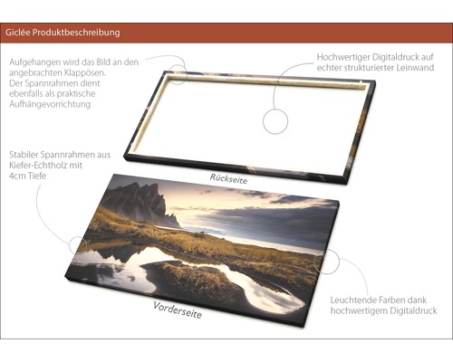 Produktbeschreibung Giclée Leinwandbild mit Landschaftsmotiv, stabilem Spannrahmen und Aufhängevorrichtung.