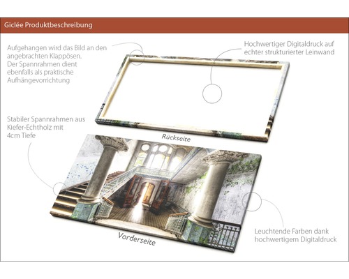 Leinwandbild mit einem Motiv eines Treppenhauses, Rückseite und Vorderseite