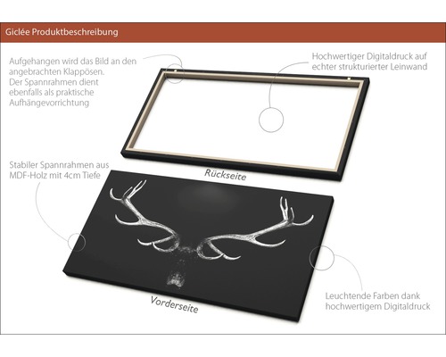 Detailansicht einer Leinwand mit Hirschgeweih-Motiv, die Vorder- und Rückseite zeigt.