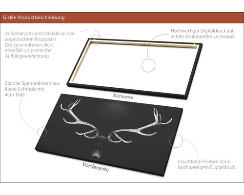 Giclée Kunstdruck auf Leinwand mit Hirschgeweih-Motiv und Holzrahmen